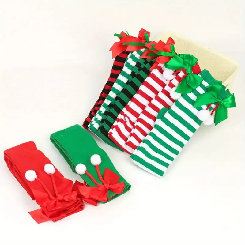 Christmas Over-the-Knee Socks, Handmade Polyester-Cotton Bows, Sweet & Warm Holiday Outfit. 4-Pack A02 Combo Set