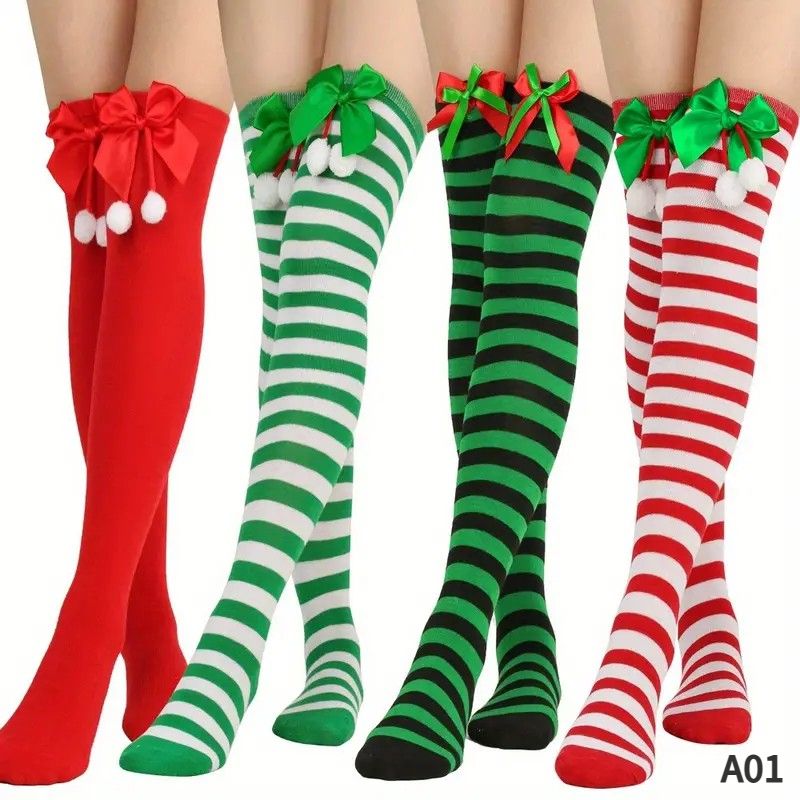 Christmas Over-the-Knee Socks, Handmade Polyester-Cotton Bows, Sweet & Warm Holiday Outfit. 4-Pack A02 Combo Set