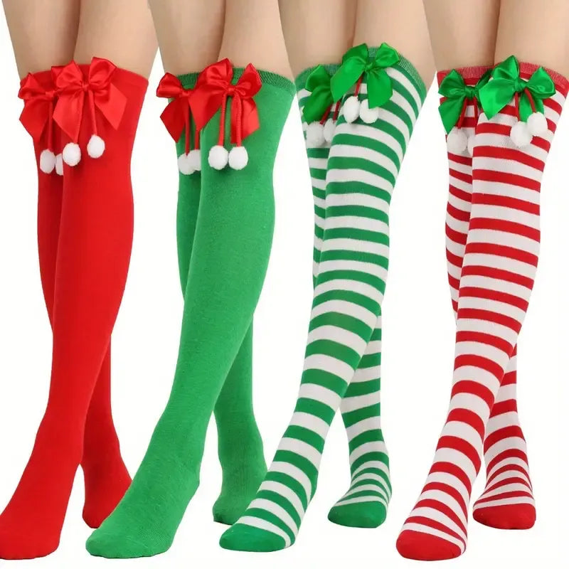 Christmas Over-the-Knee Socks, Handmade Polyester-Cotton Bows, Sweet & Warm Holiday Outfit. 4-Pack A01 Combo Set