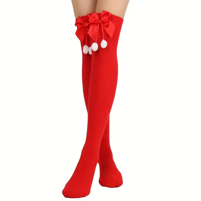 Christmas Over-the-Knee Socks, Handmade Polyester-Cotton Bows, Sweet & Warm Holiday Outfit. 4-Pack A01 Combo Set