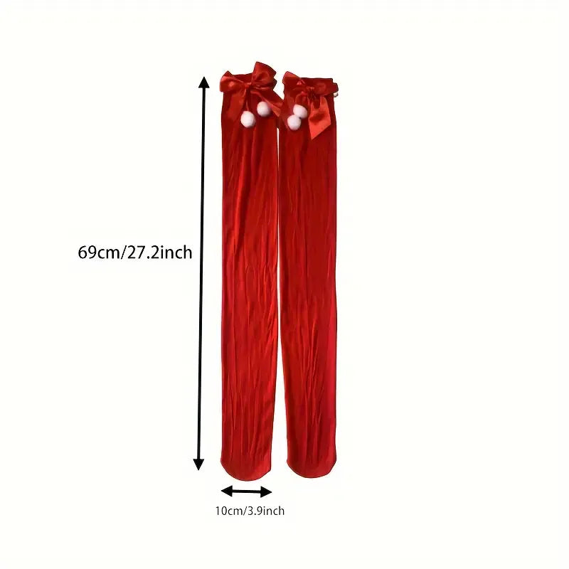 Christmas Over-the-Knee Socks, Handmade Polyester-Cotton Bows, Sweet & Warm Holiday Outfit. 4-Pack A01 Combo Set
