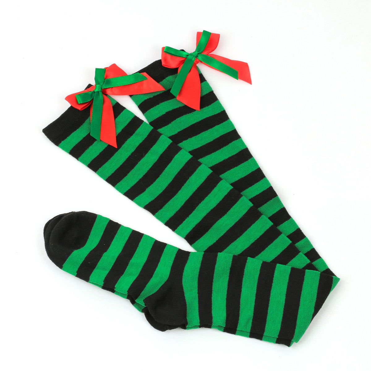 Christmas Over-the-Knee Socks, Handmade Polyester-Cotton Bows, Sweet & Warm Holiday Outfit. 4-Pack A01 Combo Set