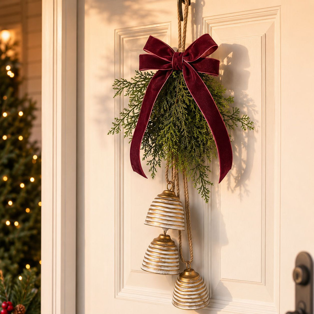 Vintage Christmas Bell Hanging Decoration | Distressed Metal Bell + Velvet Bow, Accented with Pine Greenery, Warm Holiday Atmosphere