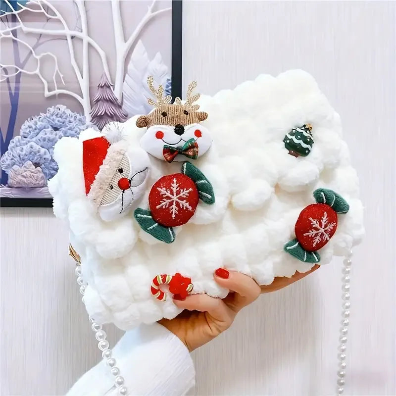 Christmas Plush Cartoon Handbag Crossbody Bag, 3D Appliqués Pearl Chain, Sweet Practical Holiday Essential./BLUE