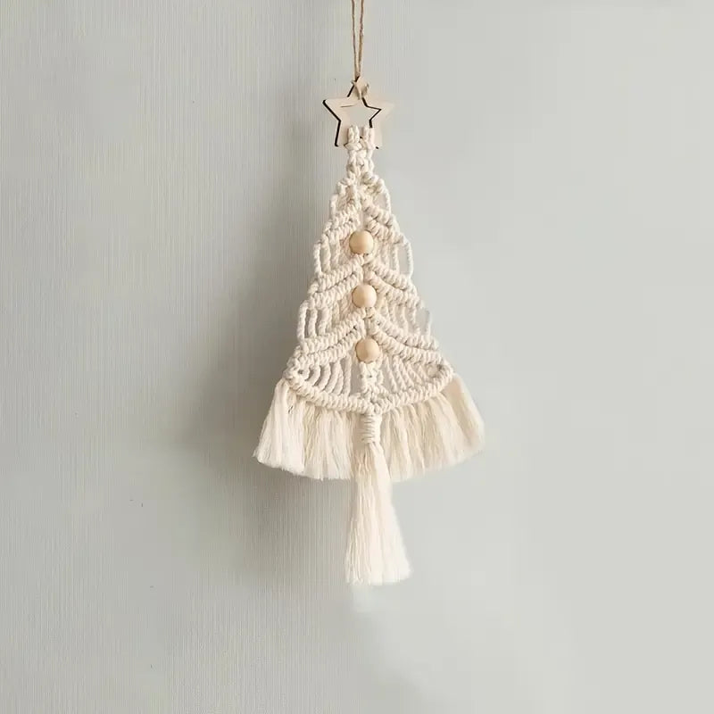 Bohemian woven Christmas tree wall hanging, handmade from pure cotton, accented with wooden beads and tassels, an artistic and healing holiday decoration. (Creamy White)