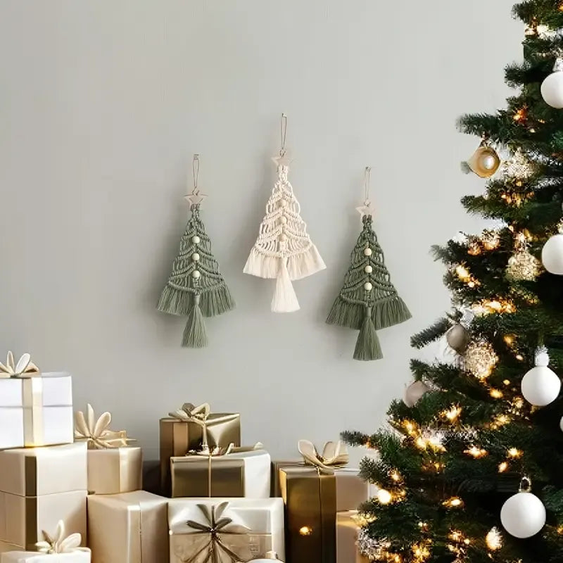 Bohemian woven Christmas tree wall hanging, handmade from pure cotton, accented with wooden beads and tassels, an artistic and healing holiday decoration. (Creamy White)