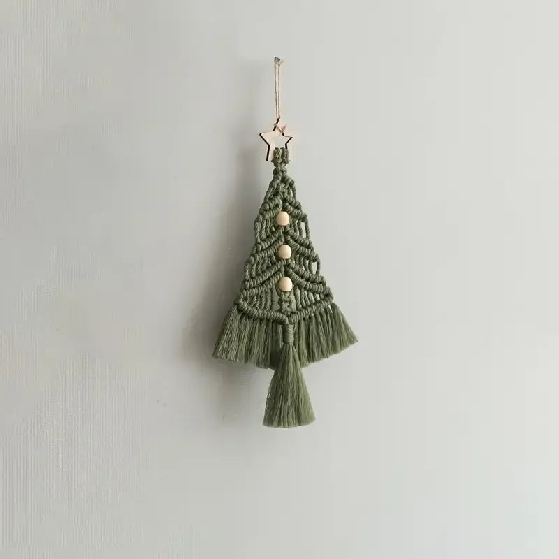 Bohemian woven Christmas tree wall hanging, handmade from pure cotton, accented with wooden beads and tassels, an artistic and healing holiday decoration. (pitch green)