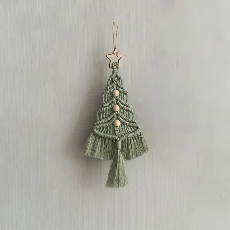 Bohemian woven Christmas tree wall hanging, handmade from pure cotton, accented with wooden beads and tassels, an artistic and healing holiday decoration. (aqua)