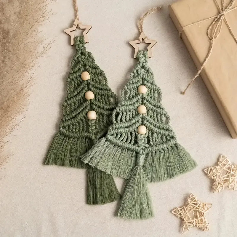 Bohemian woven Christmas tree wall hanging, handmade from pure cotton, accented with wooden beads and tassels, an artistic and healing holiday decoration. (aqua)