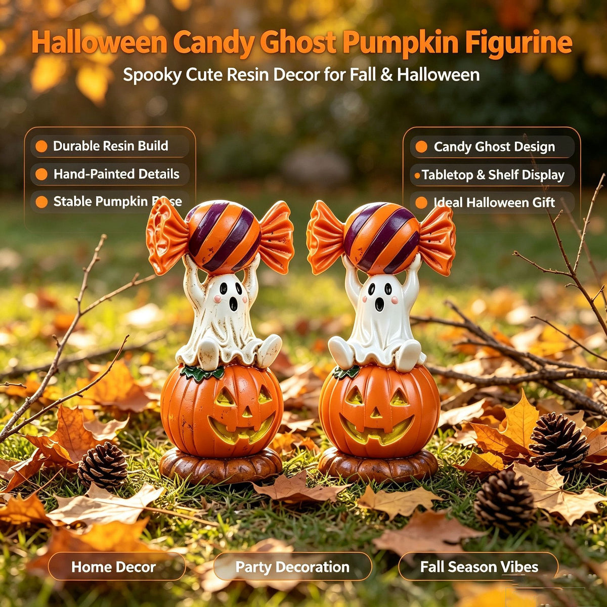 Halloween Resin Ghost Pumpkin Figurine: Little Ghost Sitting on Pumpkin with Candy on Head, Glossy Finish, Perfect Desktop and Party Decoration.