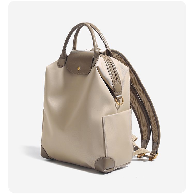 Retro Nylon Backpack: PU Leather Color-Block / Packable & Lightweight / 14-inch Laptop Compartment / Under 20L Capacity, 3-Way Carrying, Versatile for Commuting & Short Trips!(champagne)