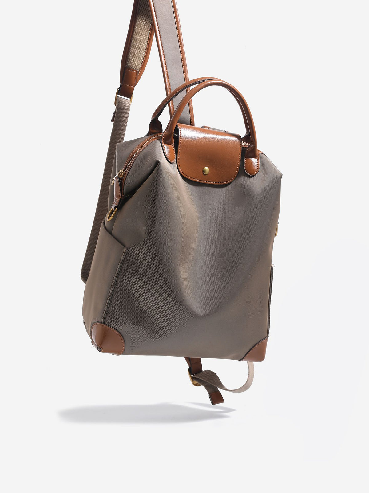 Retro Nylon Backpack: PU Leather Color-Block / Packable & Lightweight / 14-inch Laptop Compartment / Under 20L Capacity, 3-Way Carrying, Versatile for Commuting & Short Trips!(khaki)