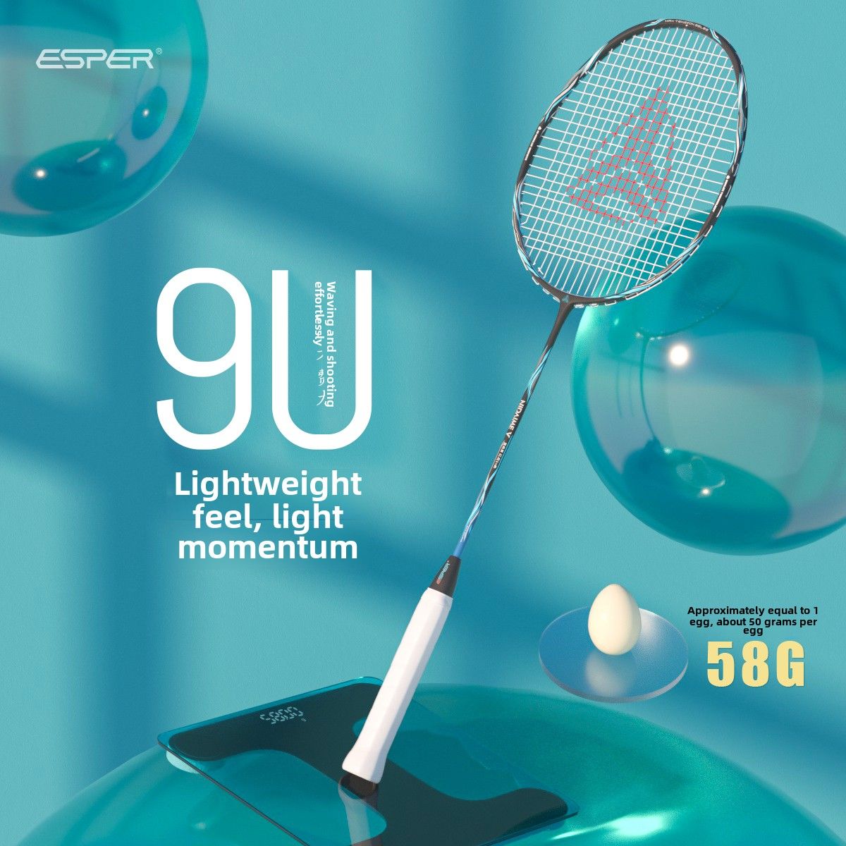 ESPER Explorer Fifth Generation Badminton Racket 58g 9U Full Carbon Fiber All-Around Fish Scale Shaft Double-Wall Inner Foaming Professional Match Training Racket(Phantom blue)