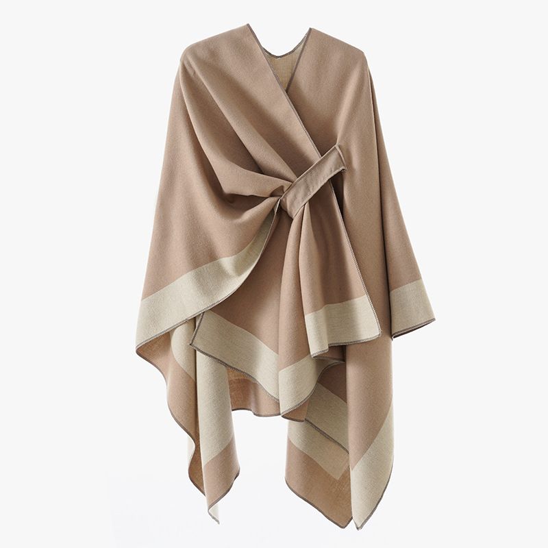 Solid Color Striped-Border Faux Cashmere Shawl Scarf, Minimalist Versatile Autumn Winter Warmth Elegant Accessory.(khaki)