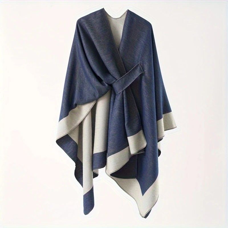 Solid Color Striped-Border Faux Cashmere Shawl Scarf, Minimalist Versatile Autumn Winter Warmth Elegant Accessory.(navy blue)