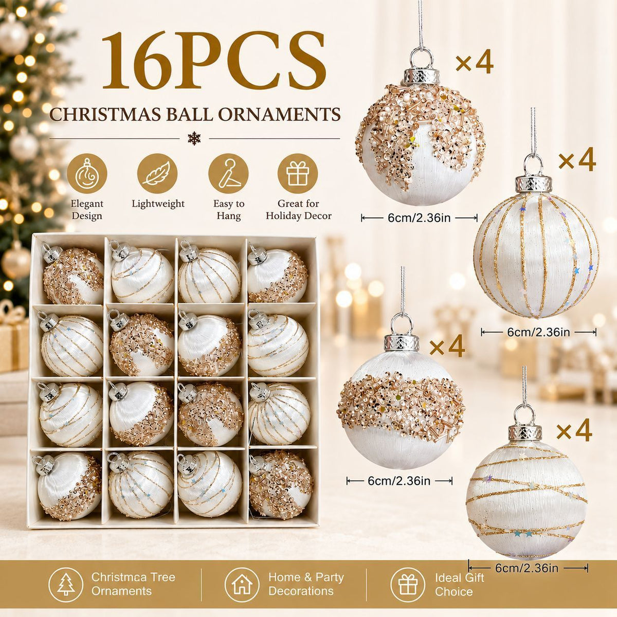 16-Piece Champagne White Hand-Painted Christmas Ornaments: 6cm lightweight plastic, shatterproof and durable, hand-painted with gold threads and glitter in 4 elegant designs, versatile and refined, perfect for decorating Christmas trees and home ambiance.