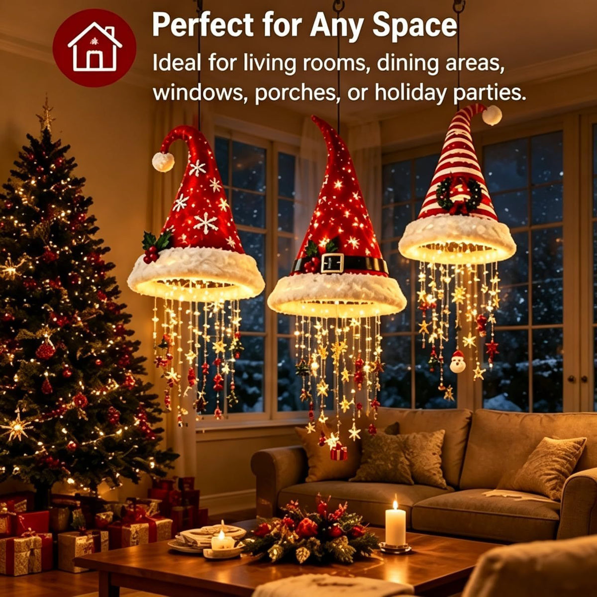 Christmas Hat LED Hanging Light with warm cascading lights & star/snowflake ornaments, powered by 2 AA batteries (not included, please prepare your own), includes hanging string, maximum Christmas vibes!(Snowflake style)