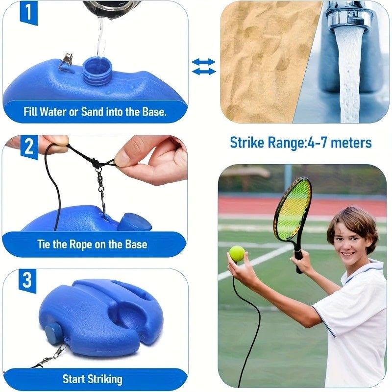 Portable Tennis Trainer: Features a water-fillable weighted base with anti-tangle design. Includes 3 tennis balls and an elastic cord. Suitable for solo indoor/outdoor use, ideal for all ages.blue