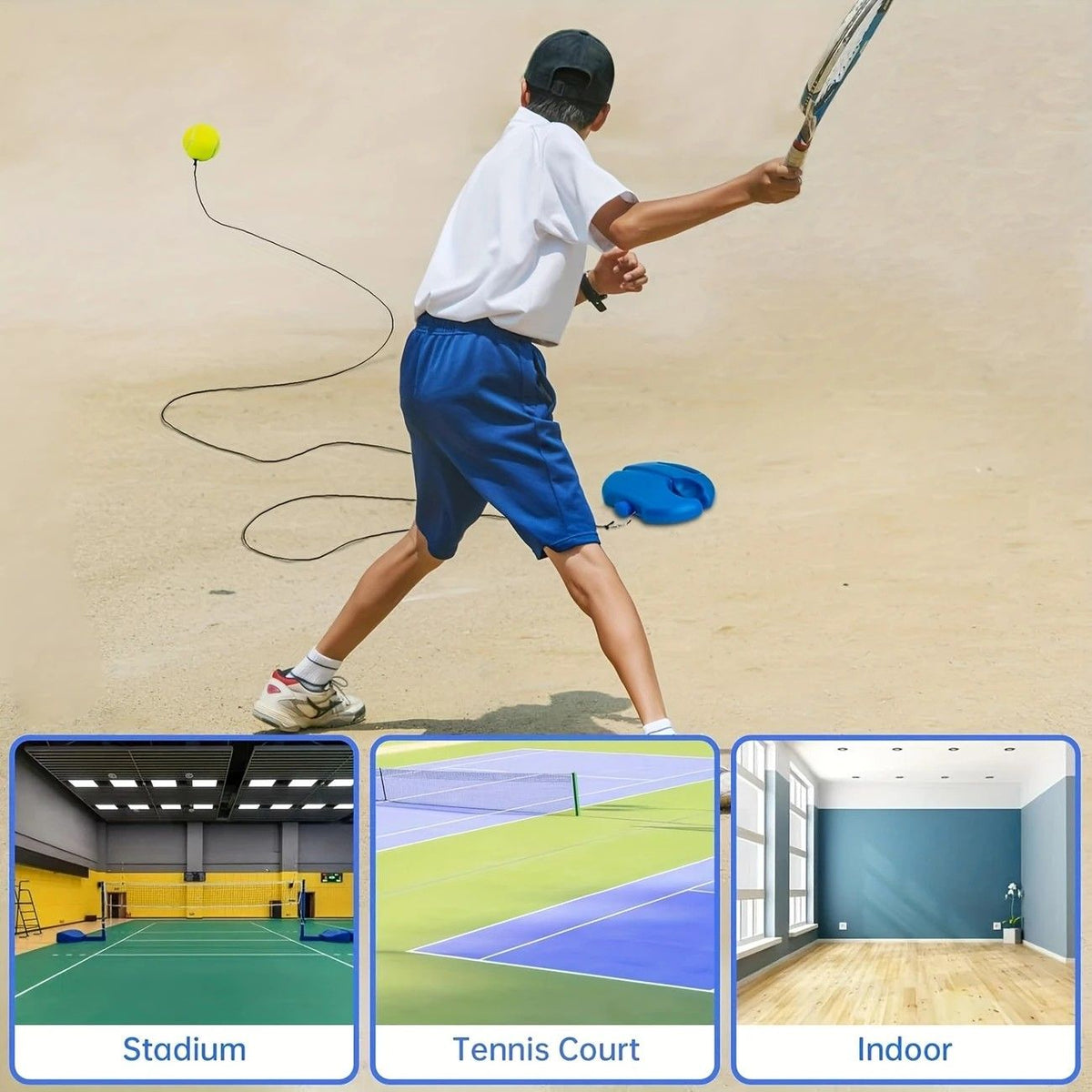 Portable Tennis Trainer: Features a water-fillable weighted base with anti-tangle design. Includes 3 tennis balls and an elastic cord. Suitable for solo indoor/outdoor use, ideal for all ages.blue