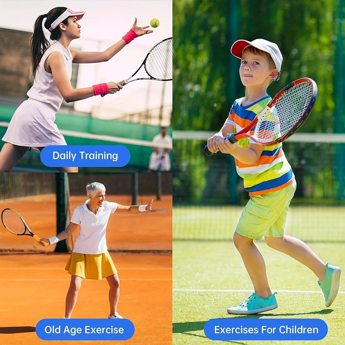 Portable Tennis Trainer: Features a water-fillable weighted base with anti-tangle design. Includes 3 tennis balls and an elastic cord. Suitable for solo indoor/outdoor use, ideal for all ages.blue