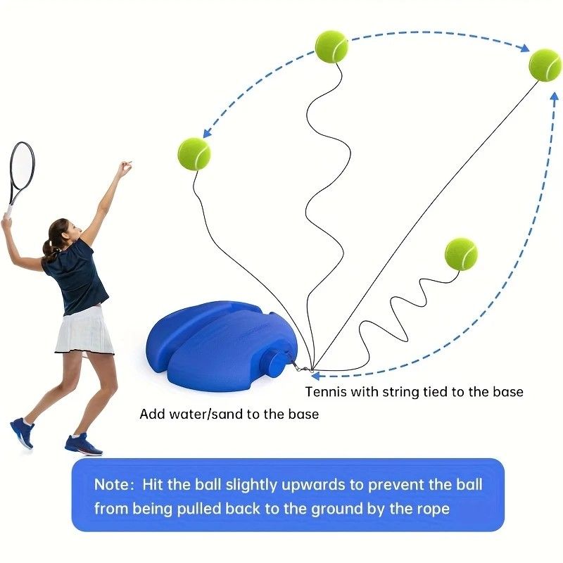Portable Tennis Trainer: Features a water-fillable weighted base with anti-tangle design. Includes 3 tennis balls and an elastic cord. Suitable for solo indoor/outdoor use, ideal for all ages.blue