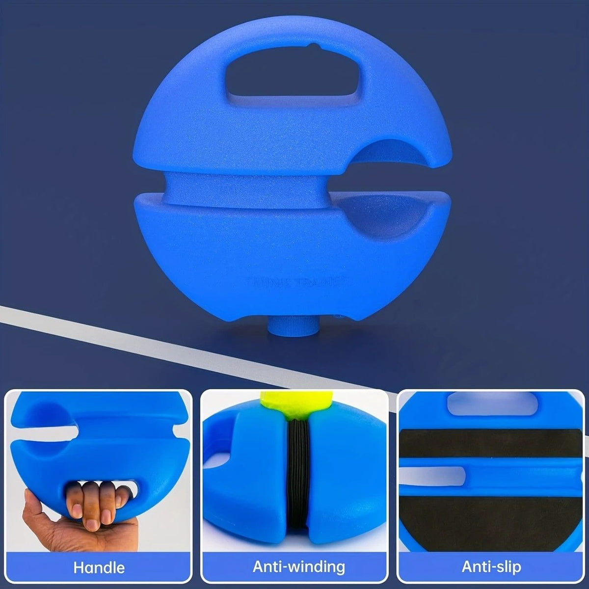 Portable Tennis Trainer: Features a water-fillable weighted base with anti-tangle design. Includes 3 tennis balls and an elastic cord. Suitable for solo indoor/outdoor use, ideal for all ages.blue