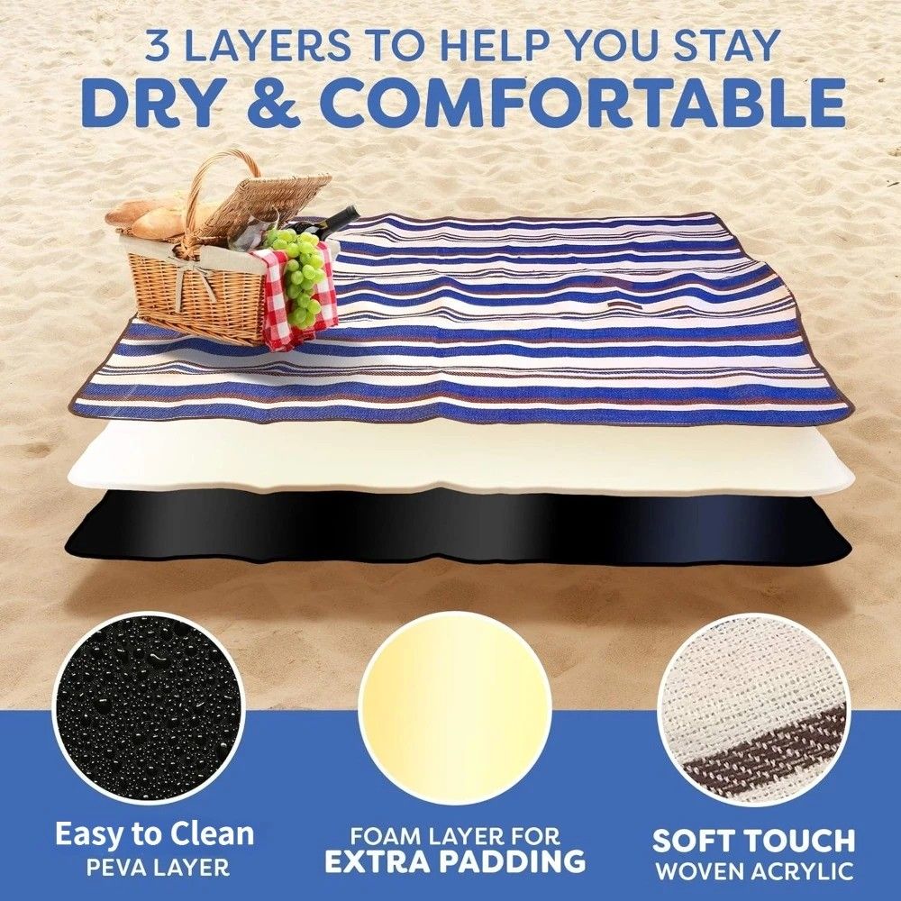 Double-layer Nylon Picnic Mat High-density Waterproof Base + Nylon Padding Lightweight Foldable with Carry Handle Machine Washable & Easy Care Ideal for Beach Camping Park Outdoor Picnics。(150*200CM)