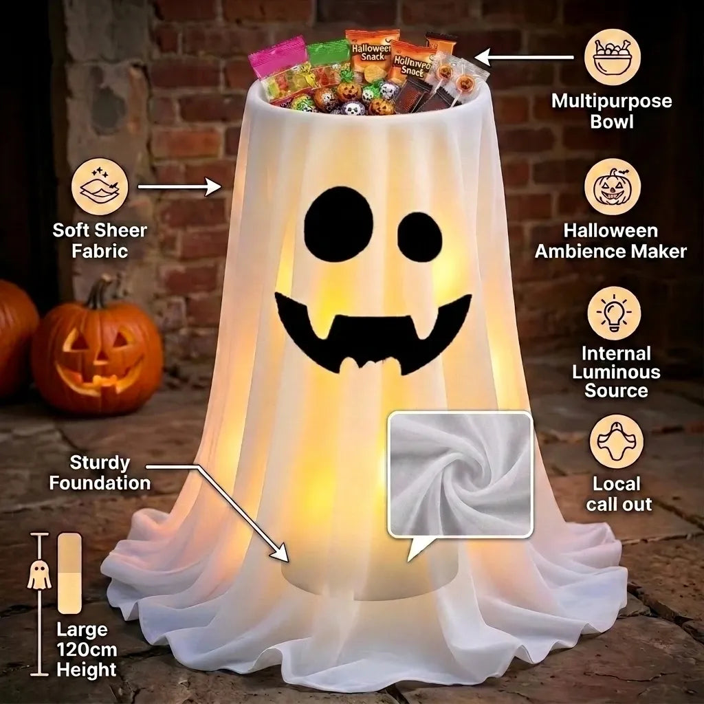 120cm Light-Up Ghost Candy Bowl – Halloween Party Must-Have, Large Capacity Trick-or-Treat Station, USB/Battery Powered, Indoor & Outdoor Use(Big and small eyes smile ghost)