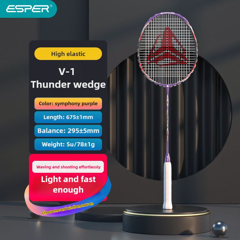 ESPER V-1 Thunder Wedge 5U Ultra-Light Badminton Racket, 30T Graphene Carbon Fiber, 6.8mm Slim Shaft, Balanced Offense and Defense, Lightweight Recreational Racket.(Dark violet)