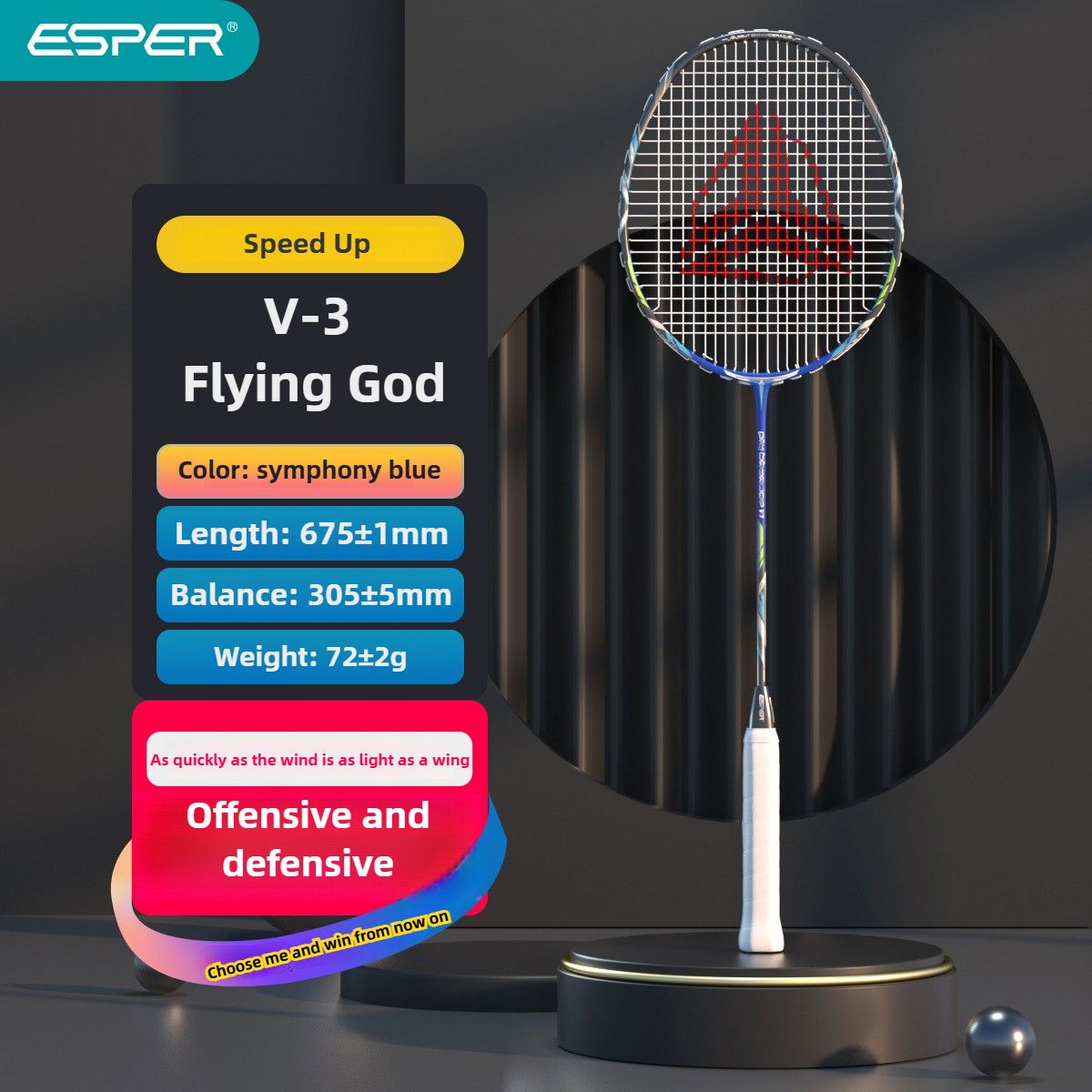 ESPER V3 Badminton Racket 72g Ultra-Light 6U Graphene Carbon All-Around Professional Match Training Durable Stylish Racket(blue)