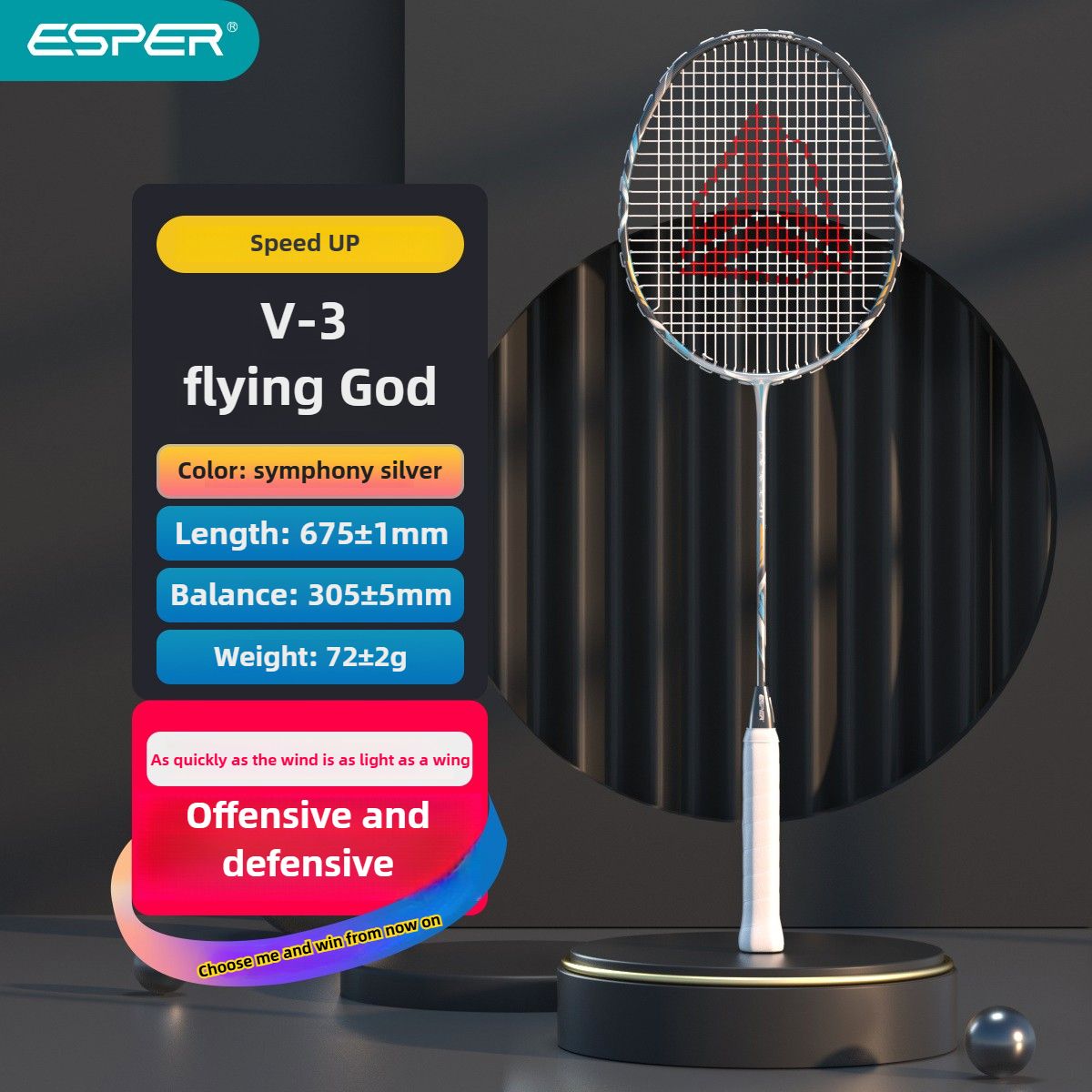 ESPER V3 Badminton Racket 72g Ultra-Light 6U Graphene Carbon All-Around Professional Match Training Durable Stylish Racket(silver)