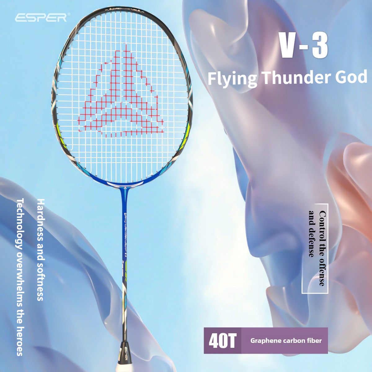 ESPER V3 Badminton Racket 72g Ultra-Light 6U Graphene Carbon All-Around Professional Match Training Durable Stylish Racket(silver)