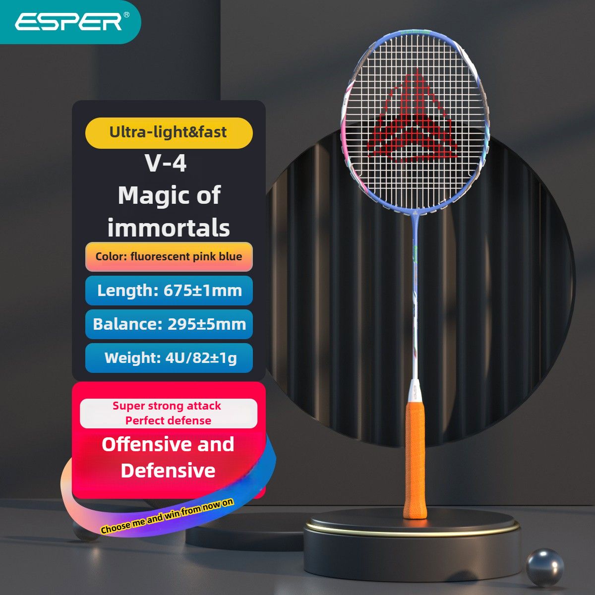 ESPER V4 Badminton Racket 82g Lightweight 4U Full Carbon Fiber All-Around Professional Match Training Durable Stylish Racket(Fluorescent gold red)