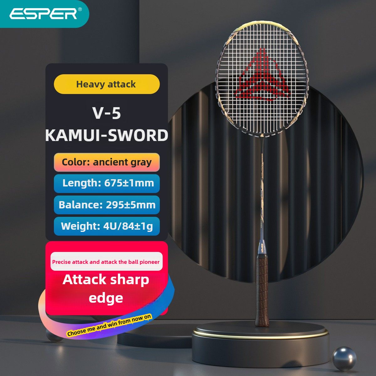 ESPER V5 Badminton Racket 84g Lightweight 4U Full Carbon Fiber Offensive Type Precise Placement Professional Match Training Durable Stylish Racket(RED)