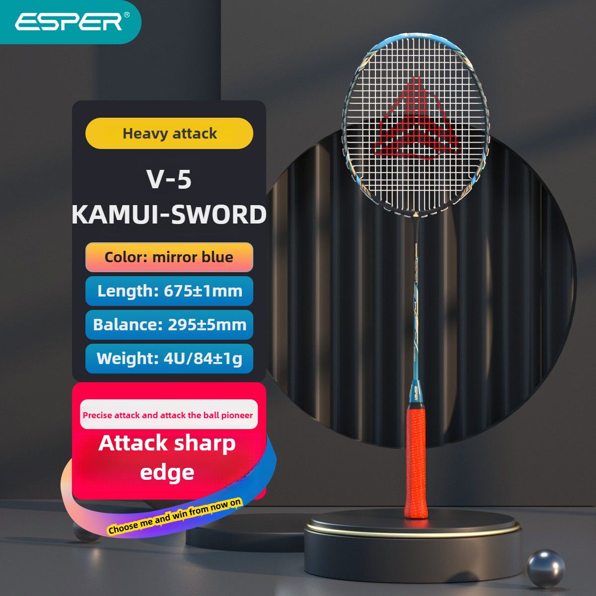ESPER V5 Badminton Racket 84g Lightweight 4U Full Carbon Fiber Offensive Type Precise Placement Professional Match Training Durable Stylish Racket(RED)