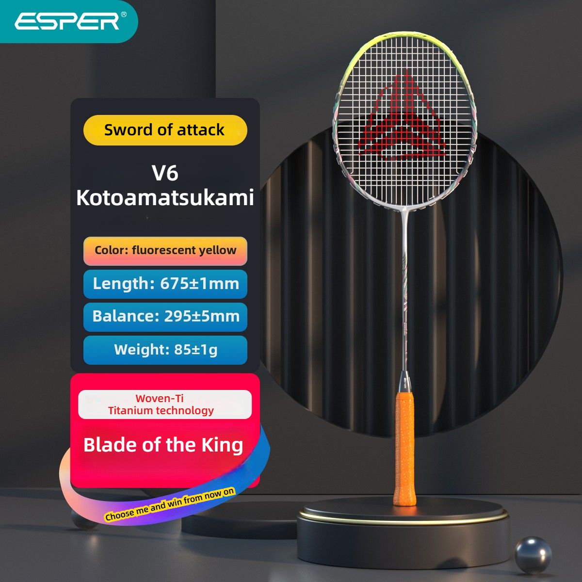 ESPER V6 Badminton Racket 46T Graphene Carbon 3U Ultra-Light 7.0mm Slim Shaft Woven-Ti Titanium Technology Offensive Type Precise Control Professional Match Train(Fluorescent Orange)