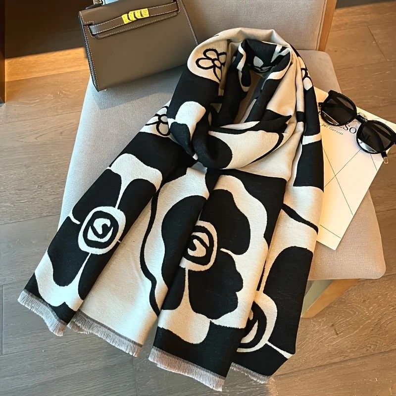 Elegant Camellia Scarf - Breathable and Warm Women's Shawl Black and White Fashion, Perfect for Spring and Summer Styling Versatile Beach Accessory