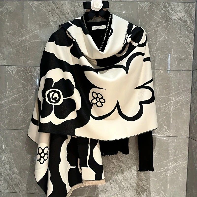 Elegant Camellia Scarf - Breathable and Warm Women's Shawl Black and White Fashion, Perfect for Spring and Summer Styling Versatile Beach Accessory