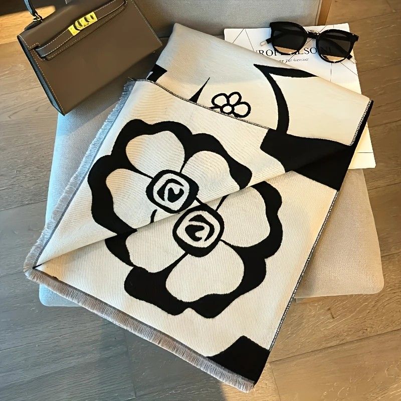 Elegant Camellia Scarf - Breathable and Warm Women's Shawl Black and White Fashion, Perfect for Spring and Summer Styling Versatile Beach Accessory