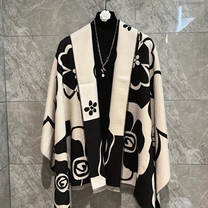 Elegant Camellia Scarf - Breathable and Warm Women's Shawl Black and White Fashion, Perfect for Spring and Summer Styling Versatile Beach Accessory