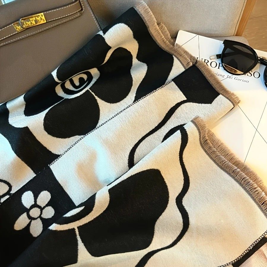Elegant Camellia Scarf - Breathable and Warm Women's Shawl Black and White Fashion, Perfect for Spring and Summer Styling Versatile Beach Accessory