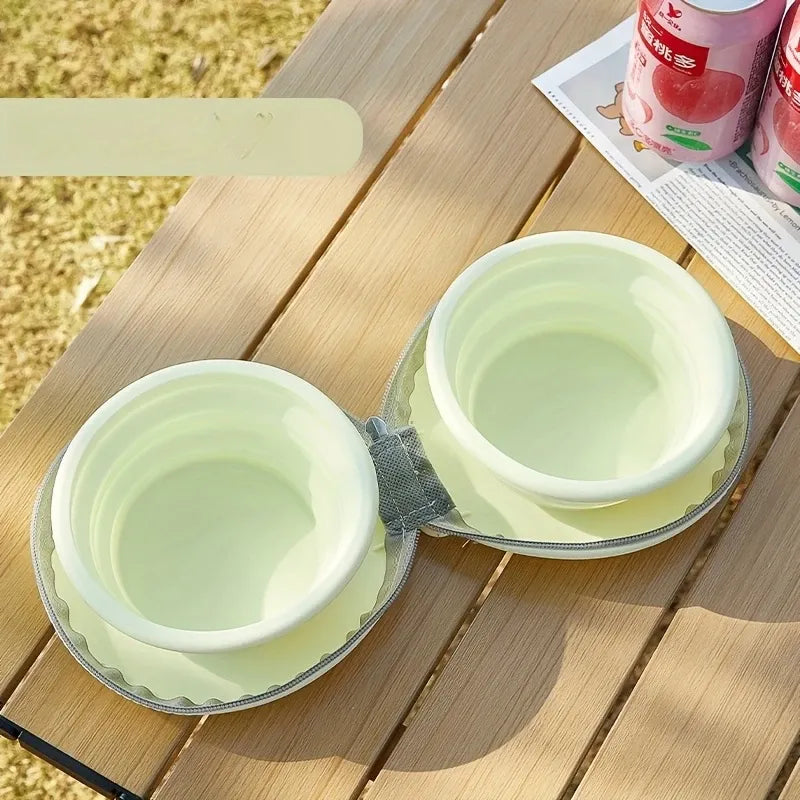 Bear Paw Foldable Pet Bowl: Heat-Resistant Silicone / Dual Bowls for Food & Water Separation / Explosion-Proof Zipper Storage Bag, Lightweight & Portable, Essential for Pet Eating & Drinking on Camping & Walks!(pink+brown)