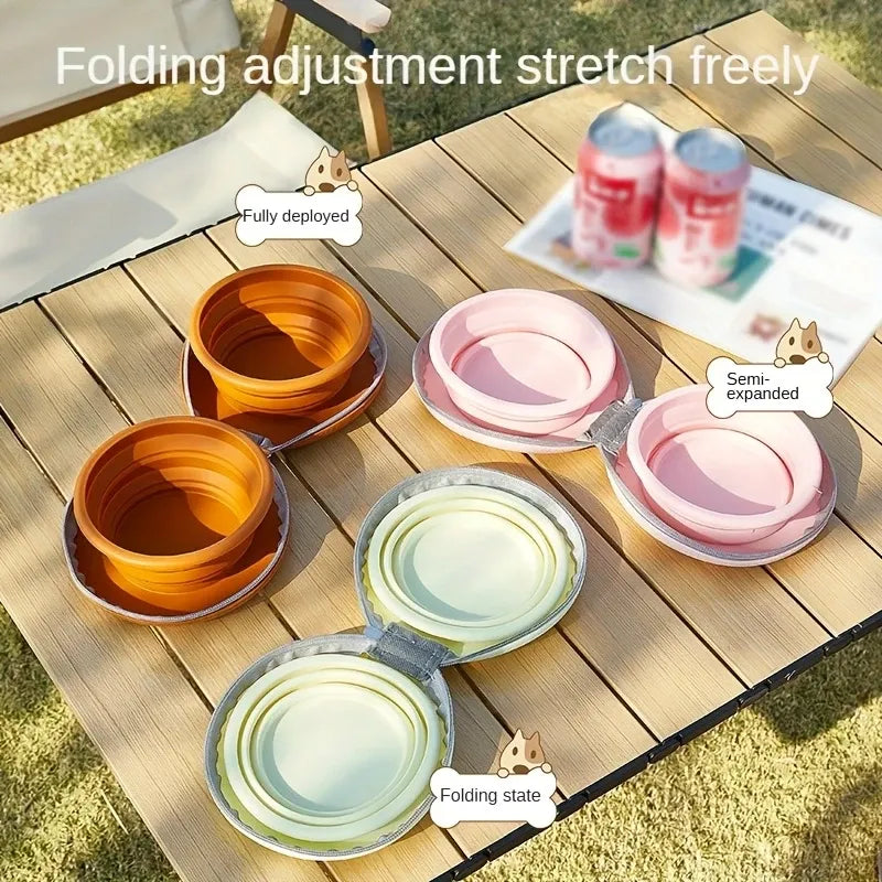 Bear Paw Foldable Pet Bowl: Heat-Resistant Silicone / Dual Bowls for Food & Water Separation / Explosion-Proof Zipper Storage Bag, Lightweight & Portable, Essential for Pet Eating & Drinking on Camping & Walks!(light yellow+brown)
