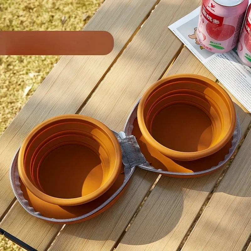 Bear Paw Foldable Pet Bowl: Heat-Resistant Silicone / Dual Bowls for Food & Water Separation / Explosion-Proof Zipper Storage Bag, Lightweight & Portable, Essential for Pet Eating & Drinking on Camping & Walks!(light yellow+brown)