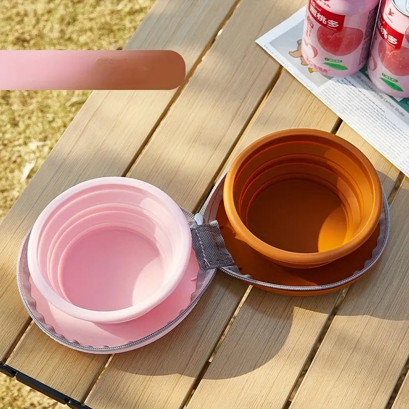 Bear Paw Foldable Pet Bowl: Heat-Resistant Silicone / Dual Bowls for Food & Water Separation / Explosion-Proof Zipper Storage Bag, Lightweight & Portable, Essential for Pet Eating & Drinking on Camping & Walks!(light yellow+brown)