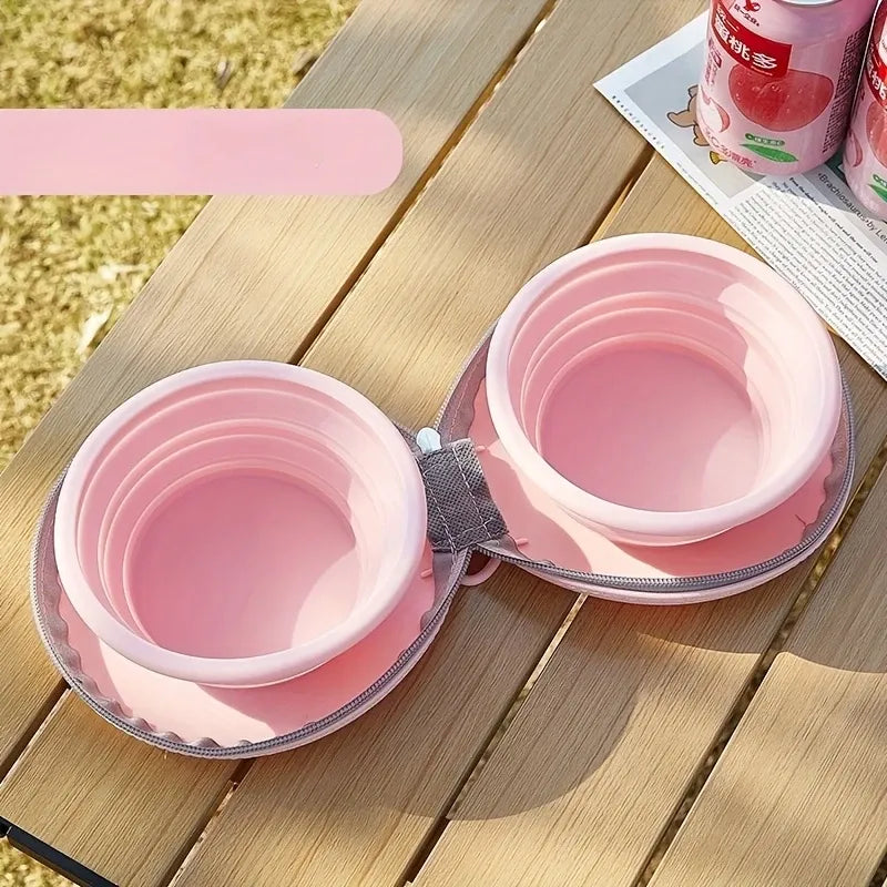 Bear Paw Foldable Pet Bowl: Heat-Resistant Silicone / Dual Bowls for Food & Water Separation / Explosion-Proof Zipper Storage Bag, Lightweight & Portable, Essential for Pet Eating & Drinking on Camping & Walks!(light yellow+brown)