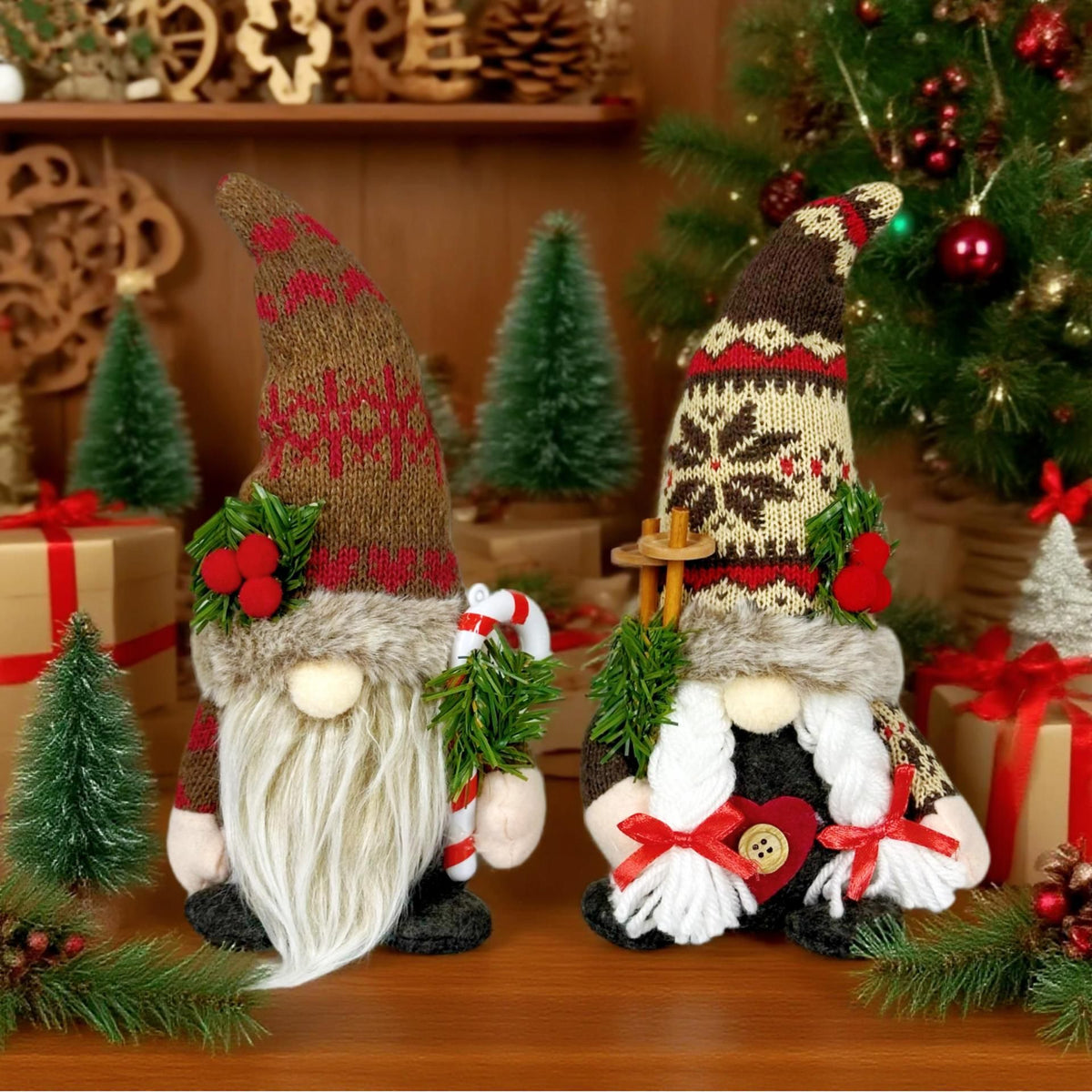 Knitted Hat Rudolph Gnome Figurine | Holding Pine Branches and Skis, Nordic-Style Adorable Ornament Lights Up Christmas./Knitted Snow Hat doll (female)