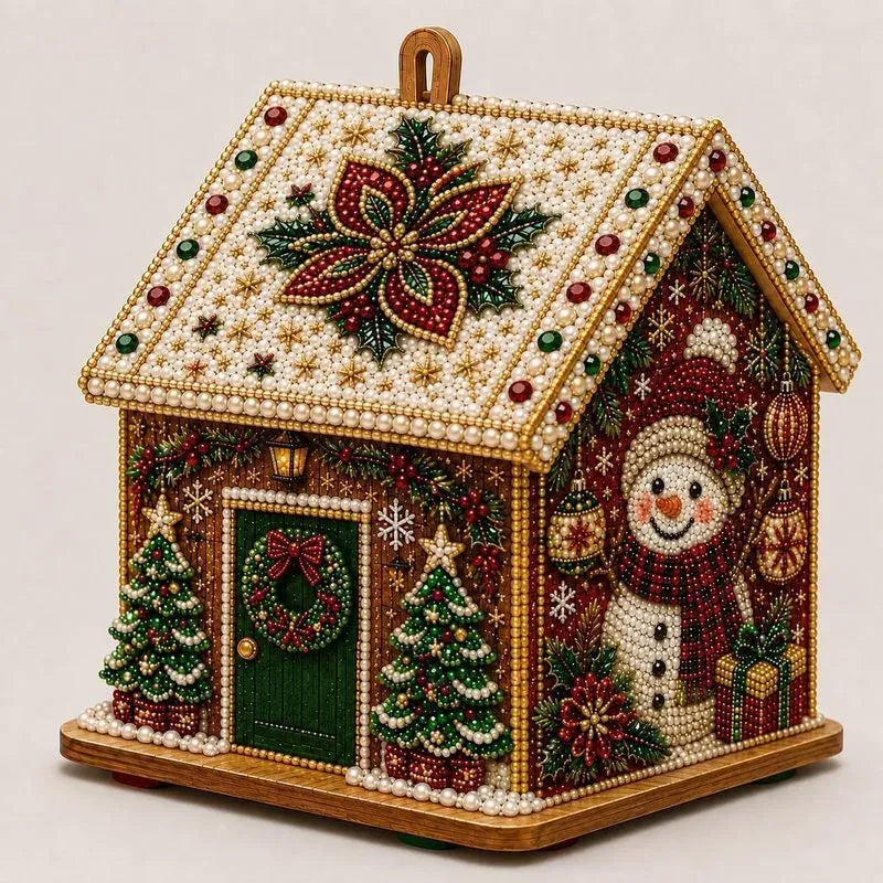 Adult Wooden Christmas House Diamond Painting Kit with Pearl Bead Details, 4-Sided Festive Art, Assembly Required, Tree Hanging Display, Christmas Craft Gift.(Xuerenwu)