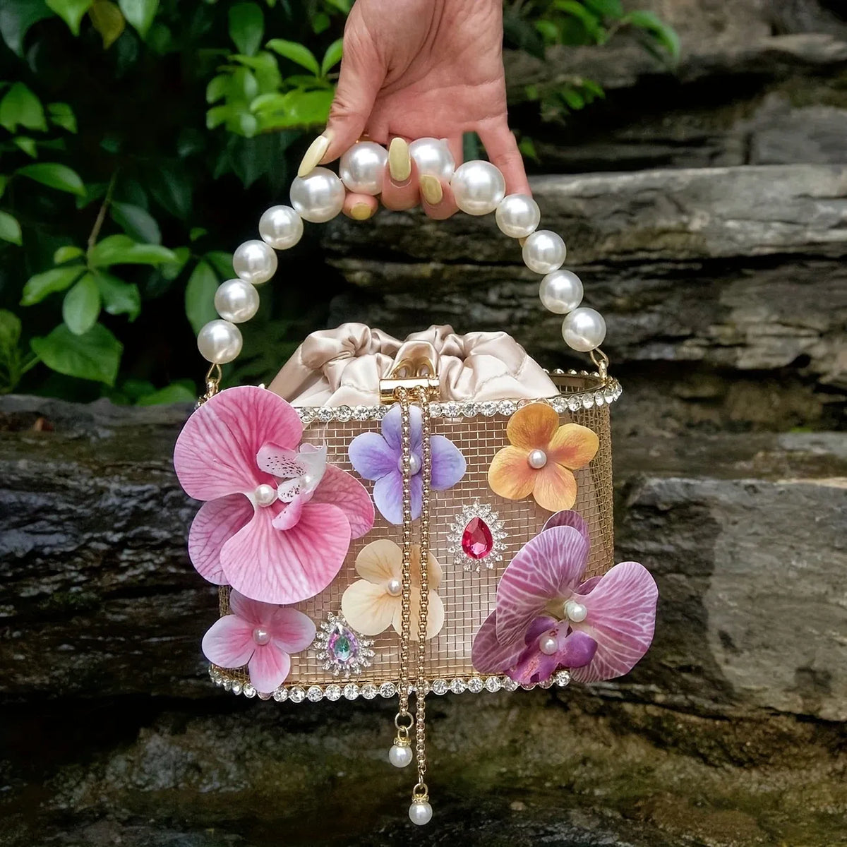 Floral Pearl Basket Bag – Gold Mesh Hard Case Evening Bag, 3D Orchid Handbag for Cheongsam