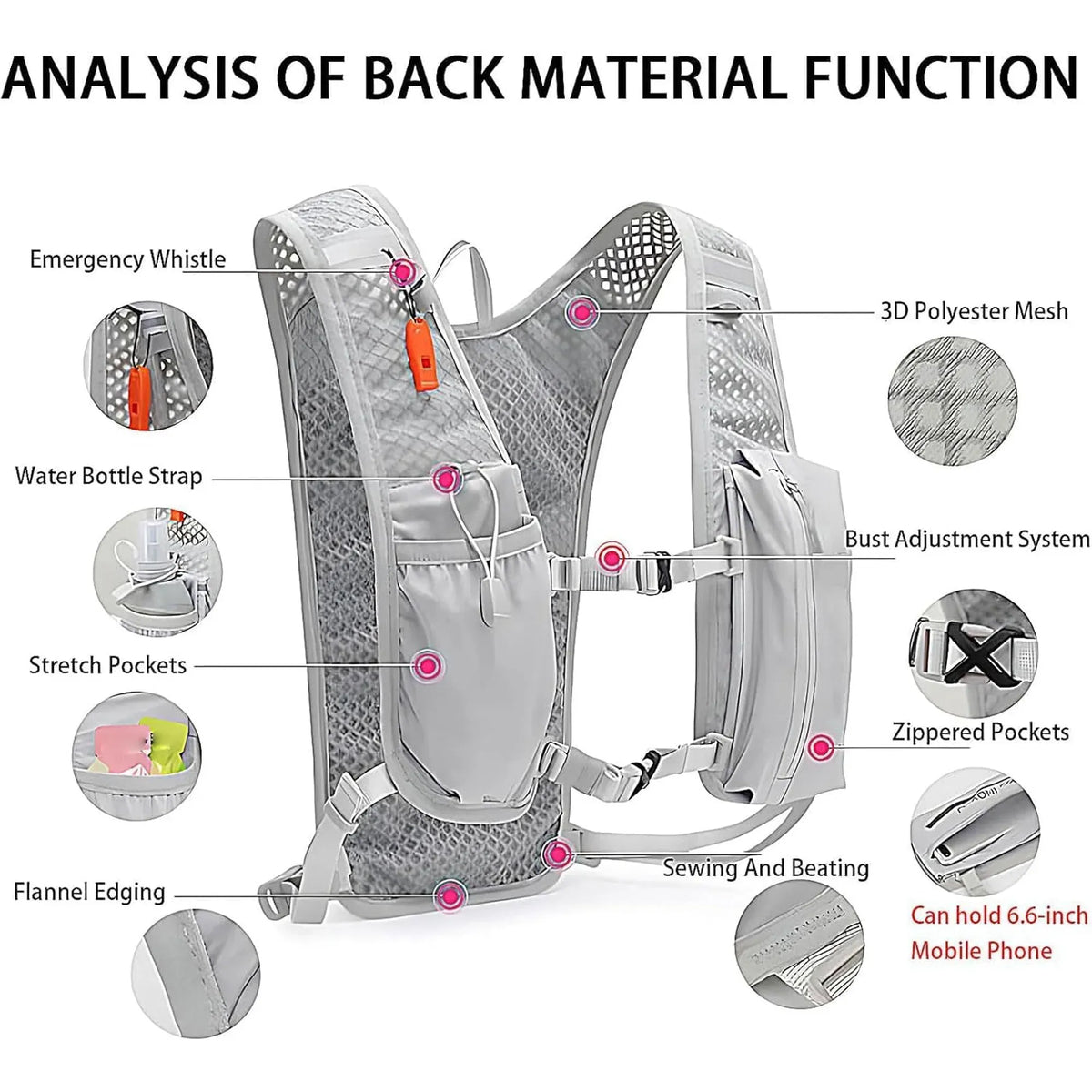 Grey Lightweight Running Vest for Women, Breathable Hydration Backpack for Hiking Running and Biking